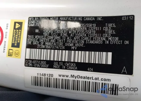 2012 Lexus Rx 350 z USA, uszkodzony, nr VIN 2T2BK1BA7CC147226